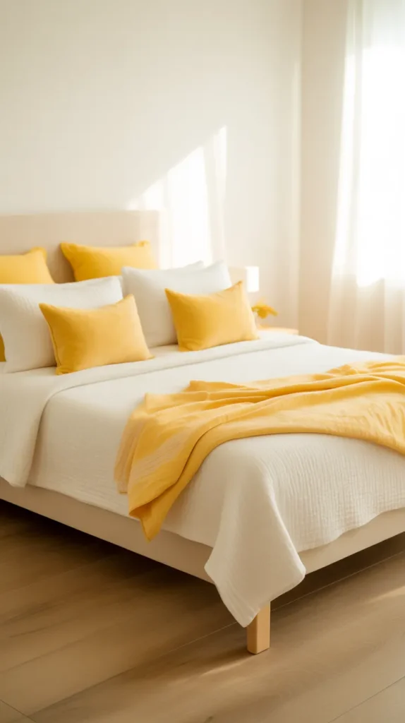  Bright summer bedroom with white bedding, pale wood bed frame, lemon yellow accent pillows, a soft yellow throw, white walls, light oak floors, sheer curtains, warm natural sunlight, minimal decor, cheerful clean styling, airy layout, fresh modern mood, eye-level view facing the bed.