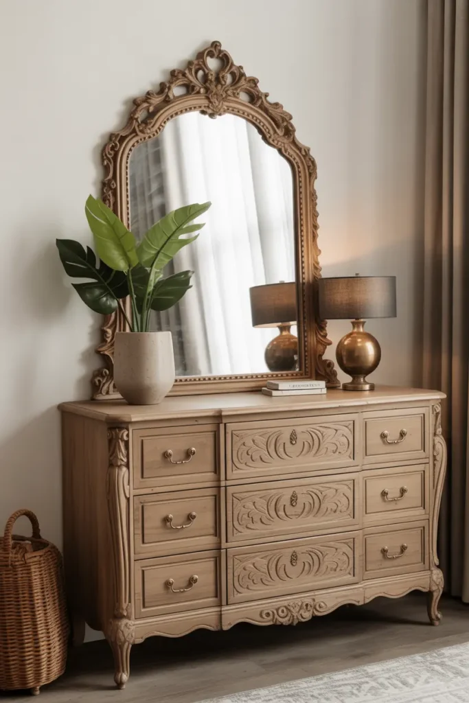 Carved wooden dresser with brass handles and an ornate mirror reflects light and adds style.