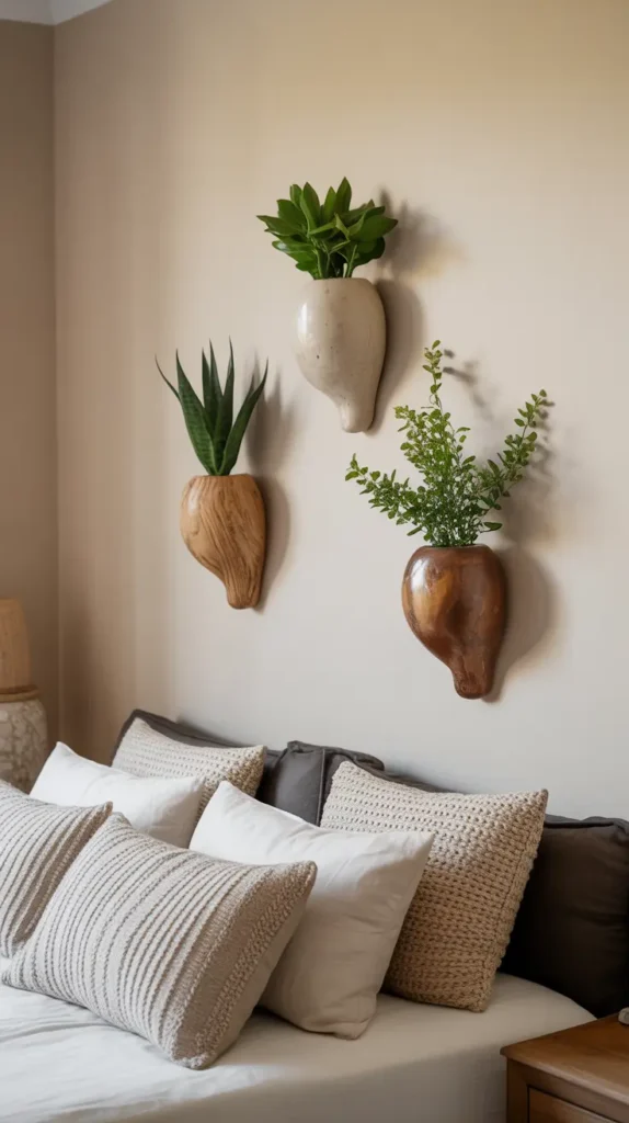 Ceramic wall vases hold plants or flowers, adding a unique Boho touch and natural textures to bedroom walls.
