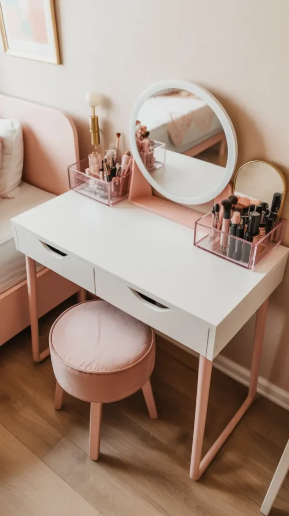 Chic teen bedroom vanity desk with white tabletop, round mirror, blush stool, acrylic organizers, soft pink accents, gold lamp, beauty storage, light wood flooring, pastel wall art, warm natural daylight, clean feminine layout, photographed from a slightly angled front view for a polished Pinterest-inspired scene.