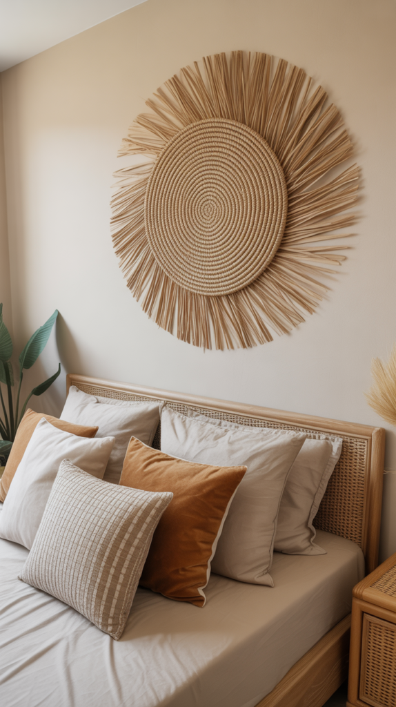 Circular woven wall décor adds geometric interest and organic texture to a Boho bedroom wall.