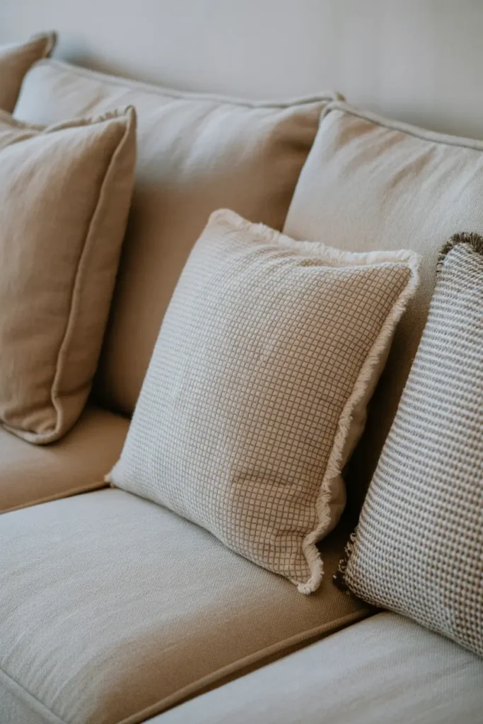 Close-up of a Mediterranean sofa with soft, textured linen cushions in neutral colors, highlighting the fabric textures that showcase comfort and warmth.