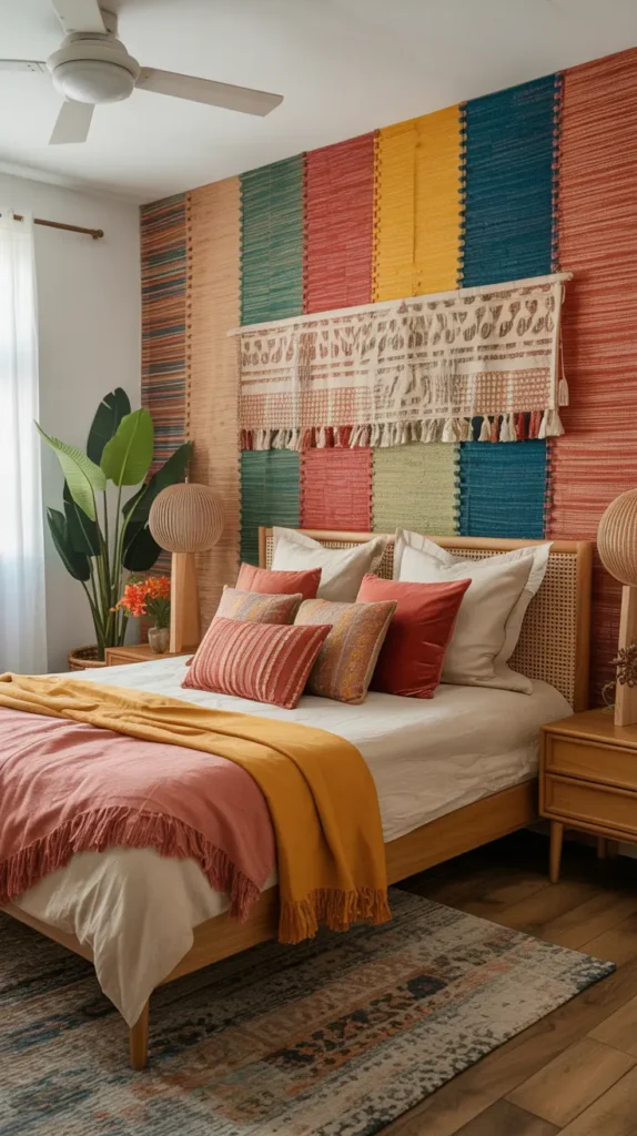  Colorful woven wall panels in warm, vibrant hues create a lively Boho aesthetic. Rich textures and layered patterns make the bedroom inviting and artistic.