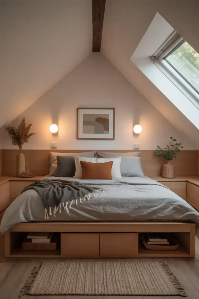 Compact attic bedroom with under-bed storage, minimal furniture, and wall-mounted lighting.