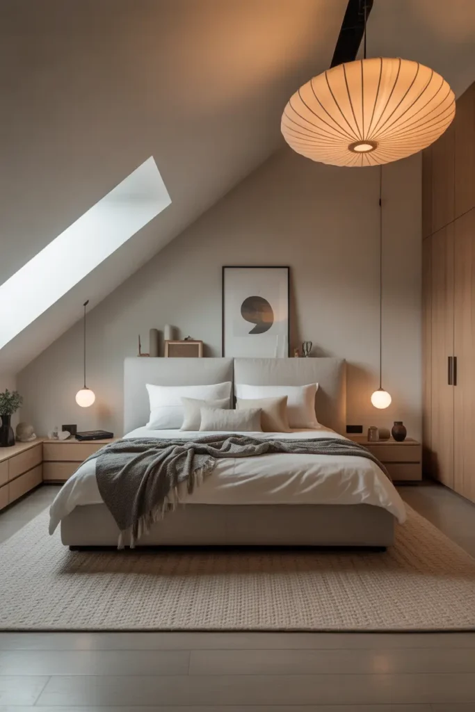  Contemporary attic bedroom with sleek furniture, neutral tones, and statement lighting.