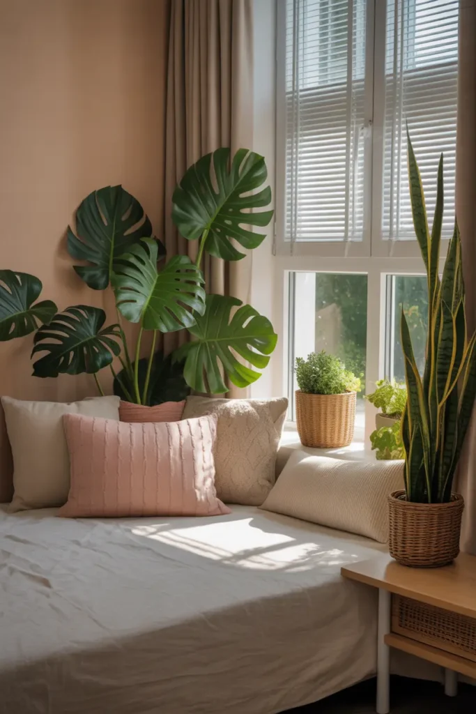 Corner by the bedroom window with soft sunlight falling on cushions and plants.