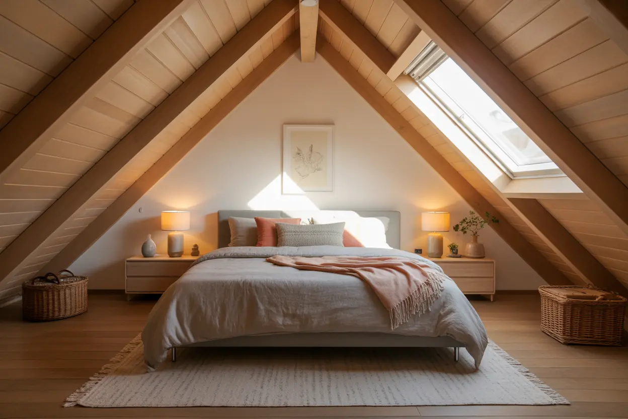 Cozy attic bedroom with sloped ceilings, skylight, soft bedding, rustic beams, and warm ambient lighting creating a stylish and inviting retreat.