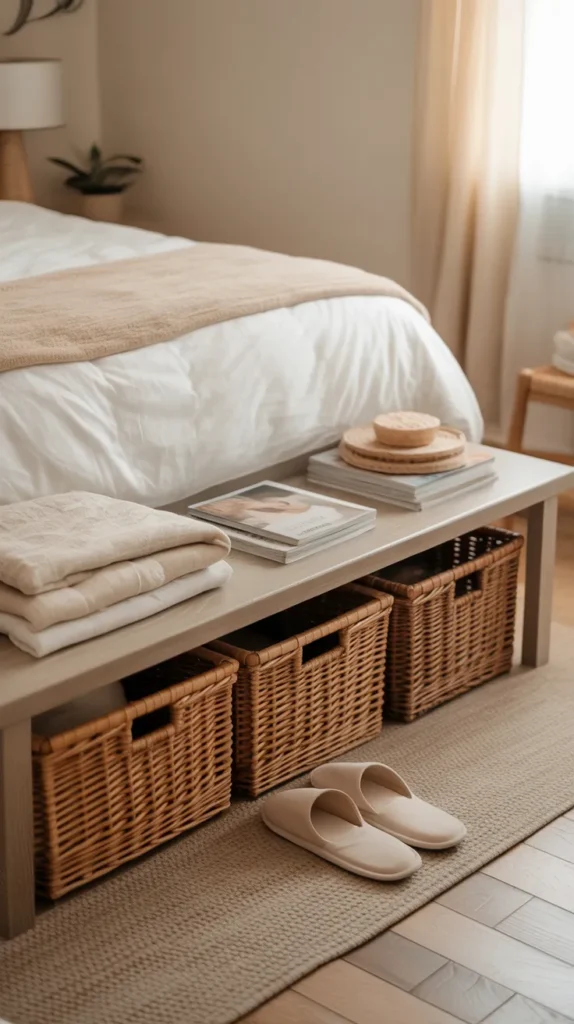  Cozy bedroom with woven storage baskets tucked under a light wood bench, white bedding, sandy beige rug, pale oak floors, cream walls, folded throws, magazines, and slippers neatly stored, soft warm daylight, airy boho-minimal style, uncluttered layout, eye-level view angled toward the bed and bench.