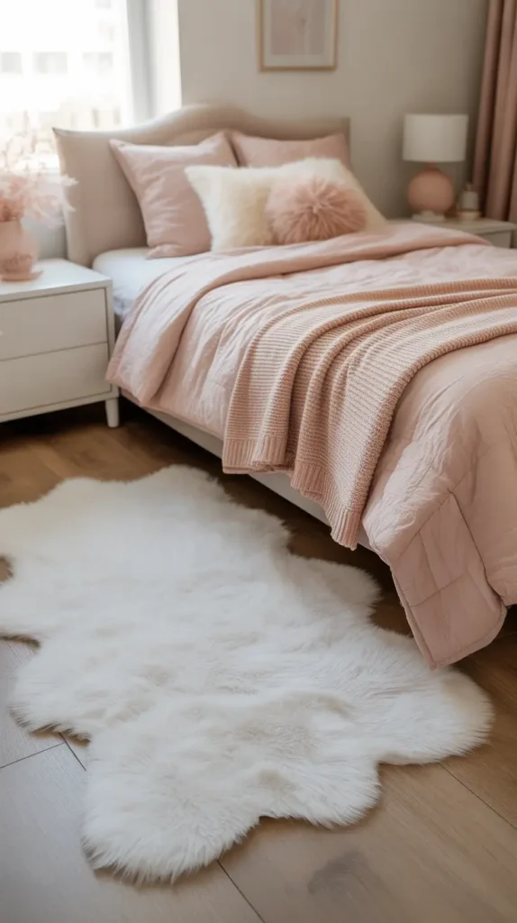  Cozy teen girl bedroom with a plush white rug layered under a blush bed, soft pink and cream decor, natural daylight, white furniture, knit throw blanket, warm feminine textures, light neutral walls, airy layout, photographed from a slightly elevated angle to emphasize softness and floor layering.