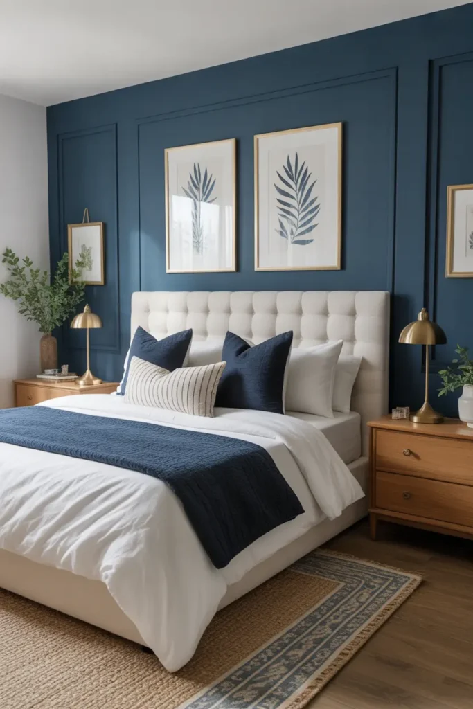  Create a bold bedroom with navy accent wall, white bedding, warm wood furniture, brass lamps, textured pillows, and a refined Pinterest bedroom style.