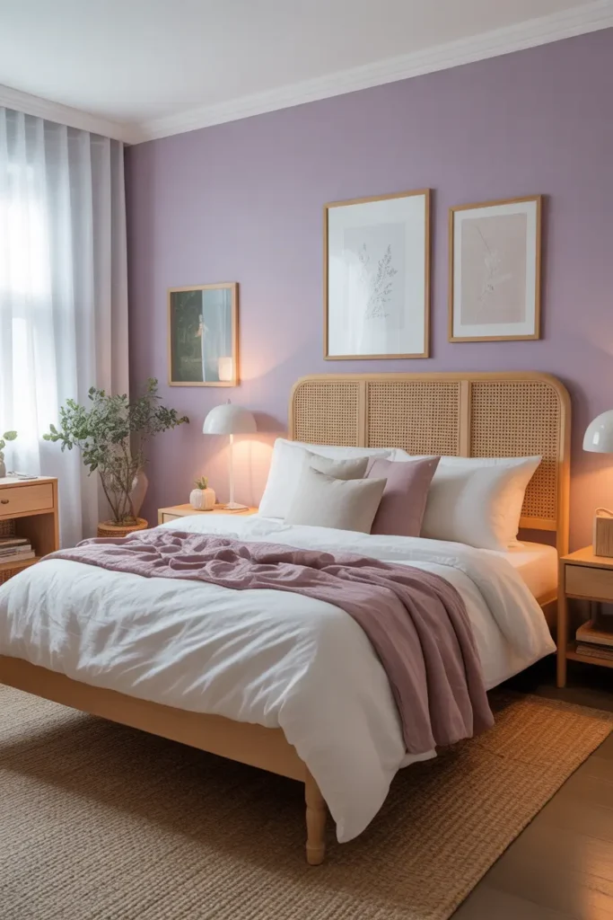 Create a calming bedroom with lavender walls, linen bedding, white curtains, light wood furniture, soft lighting, and a dreamy Pinterest-inspired mood.