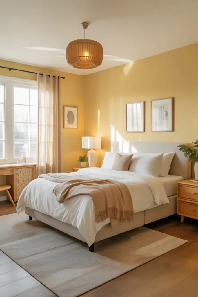 Create a cheerful bedroom with butter yellow walls, white bedding, light wood furniture, soft curtains, natural light, and a cozy Pinterest-friendly design.