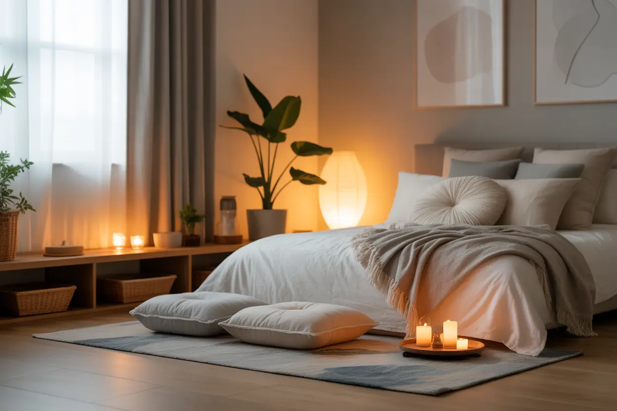 "Cozy meditation corner in a bedroom with floor cushions, rugs, candles, soft lighting, and a small indoor plant for a serene atmosphere.
