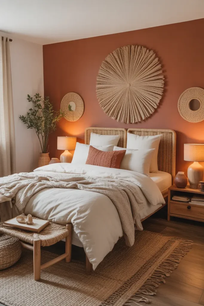 Create a cozy bedroom with terracotta accent wall, cream bedding, rustic wood furniture, woven decor, warm lighting, textured pillows, and an earthy Pinterest bedroom style.