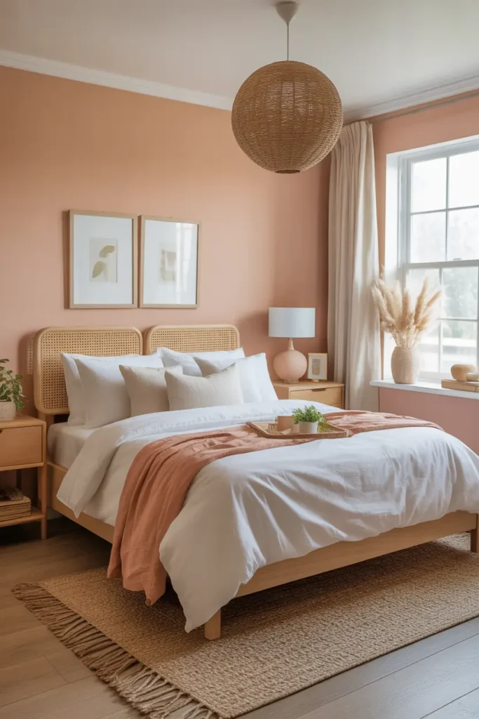 Create a fresh bedroom with soft peach walls, white bedding, light wood furniture, airy curtains, cozy textures, and a bright Pinterest-worthy style.