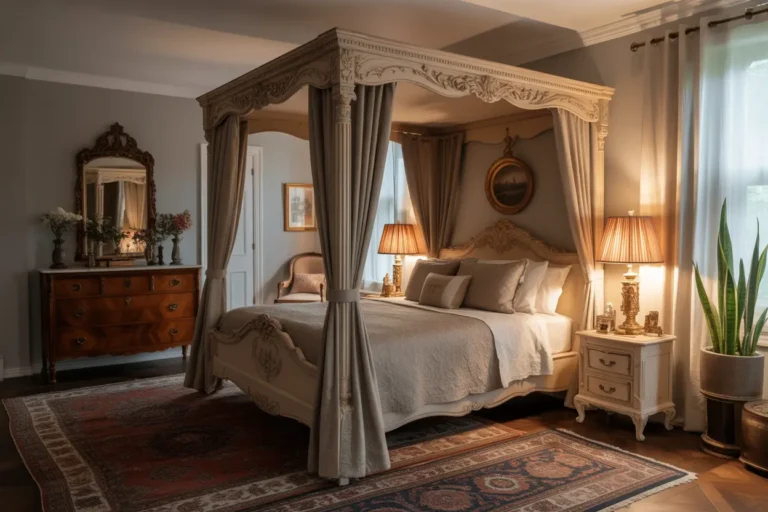 Luxurious antique bedroom with Victorian carved bed, four-poster drapes, vintage rugs, wooden dresser, and elegant decor, creating a cozy timeless feel.