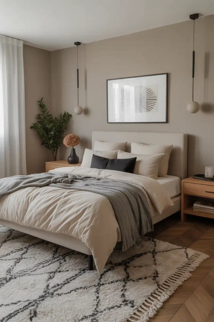Create a modern bedroom with greige walls, layered neutral bedding, black accents, soft rug, wood details, and a balanced Pinterest bedroom aesthetic.