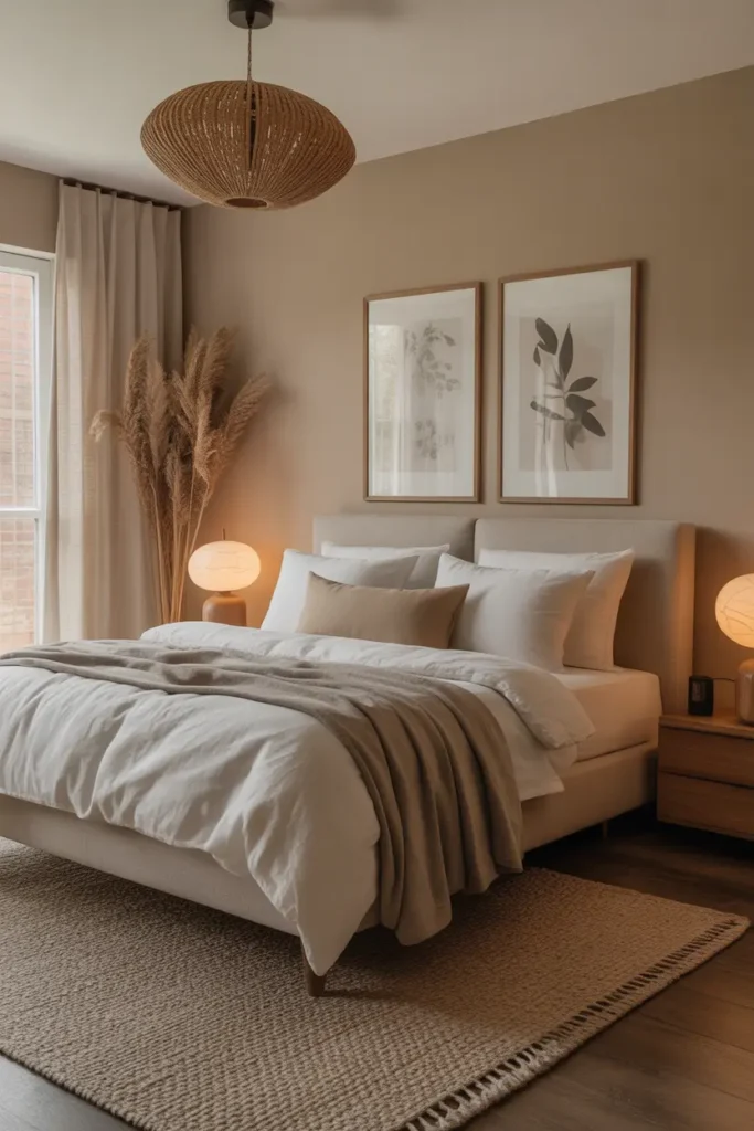  Create a refined bedroom with sandy beige walls, black accents, linen bedding, modern furniture, warm lamps, and a chic Pinterest bedroom style.