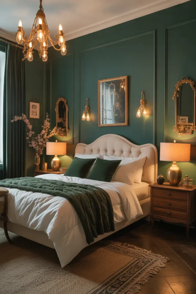  Create a romantic bedroom with deep forest green walls, cream bedding, vintage wood furniture, warm lamps, velvet accents, and a moody Pinterest atmosphere.