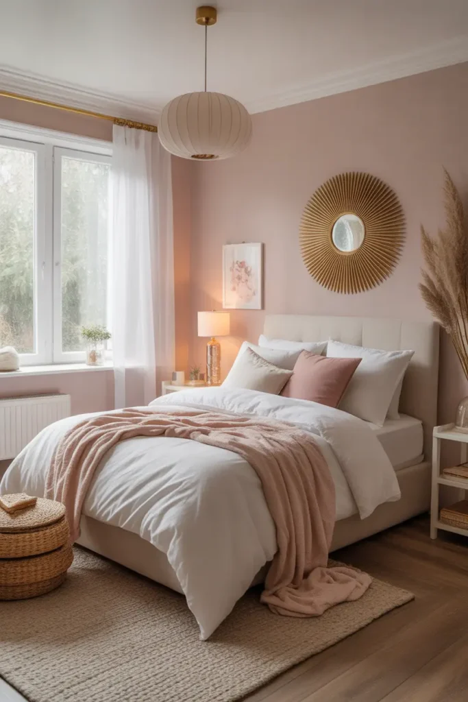  Create a soft bedroom with blush pink walls, white bedding, gold accents, light curtains, cozy textures, and a romantic Pinterest bedroom aesthetic.