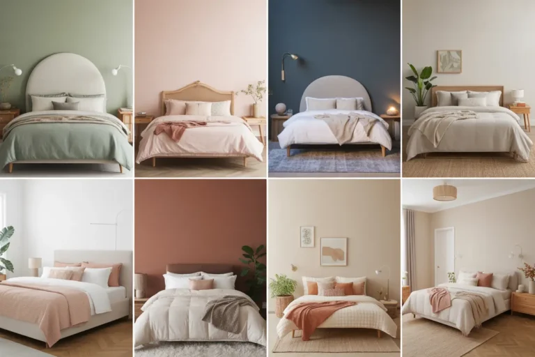 Bedroom color inspiration collage with cozy bedding, soft lighting, layered textures, and stylish wall colors including sage, blush, navy, beige, and terracotta.
