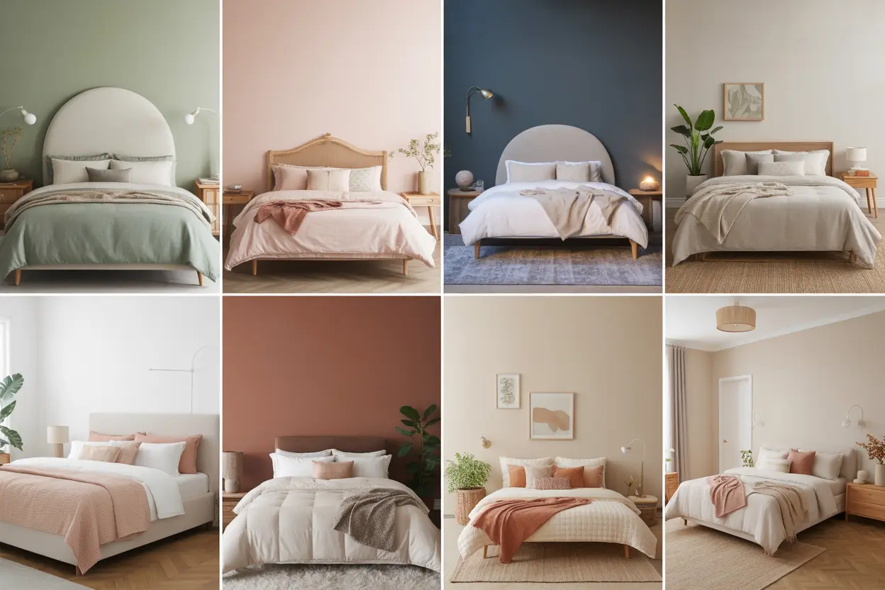 Bedroom color inspiration collage with cozy bedding, soft lighting, layered textures, and stylish wall colors including sage, blush, navy, beige, and terracotta.