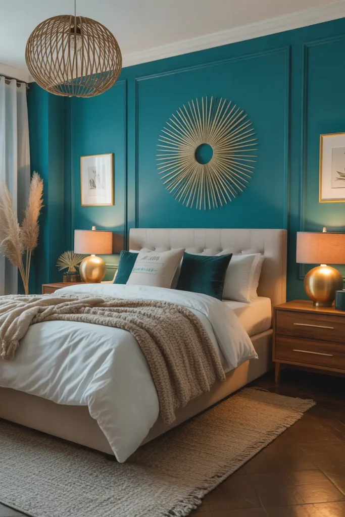 Create a stylish bedroom with teal walls, neutral bedding, gold accents, wood furniture, soft lighting, and a bold Pinterest-inspired atmosphere.