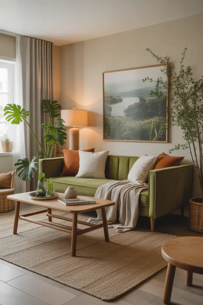 Unique green couch in a nature-inspired living room with wooden furniture, neutral textures, and soft lighting, creating a refreshing and cozy atmosphere.