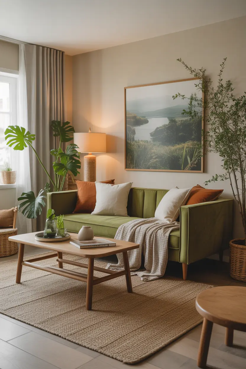 Unique green couch in a nature-inspired living room with wooden furniture, neutral textures, and soft lighting, creating a refreshing and cozy atmosphere.