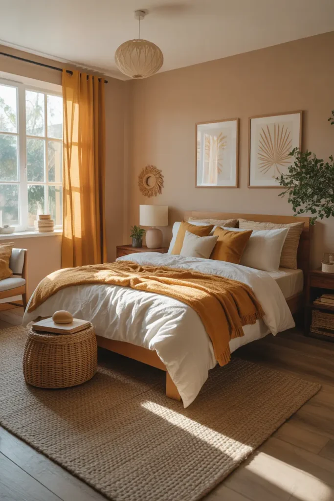 Create a warm bedroom with mustard accents, beige walls, cozy bedding, wood furniture, textured rug, sunlight, and a cheerful Pinterest-style look.