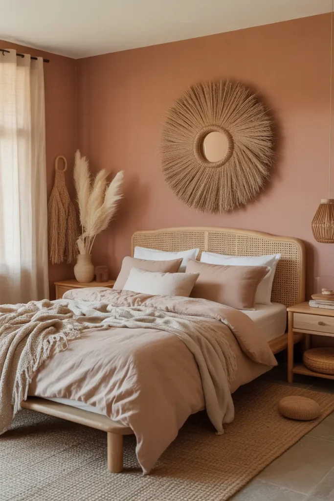 Create an earthy bedroom with clay pink walls, beige bedding, natural wood furniture, woven accents, soft lighting, and a warm Pinterest bedroom aesthetic.