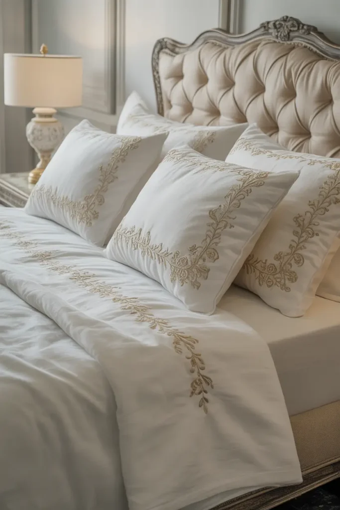 Crisp white linens with intricate embroidery and soft pillows on a tufted bed frame.