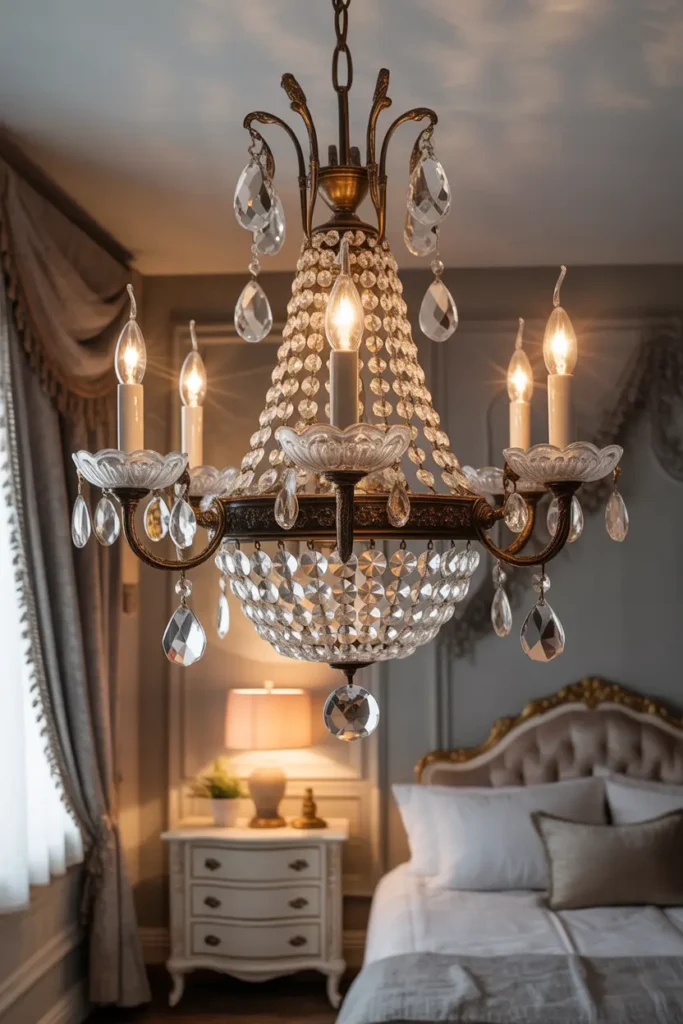 Crystal chandelier with brass accents casts warm light, enhancing antique bedroom decor.