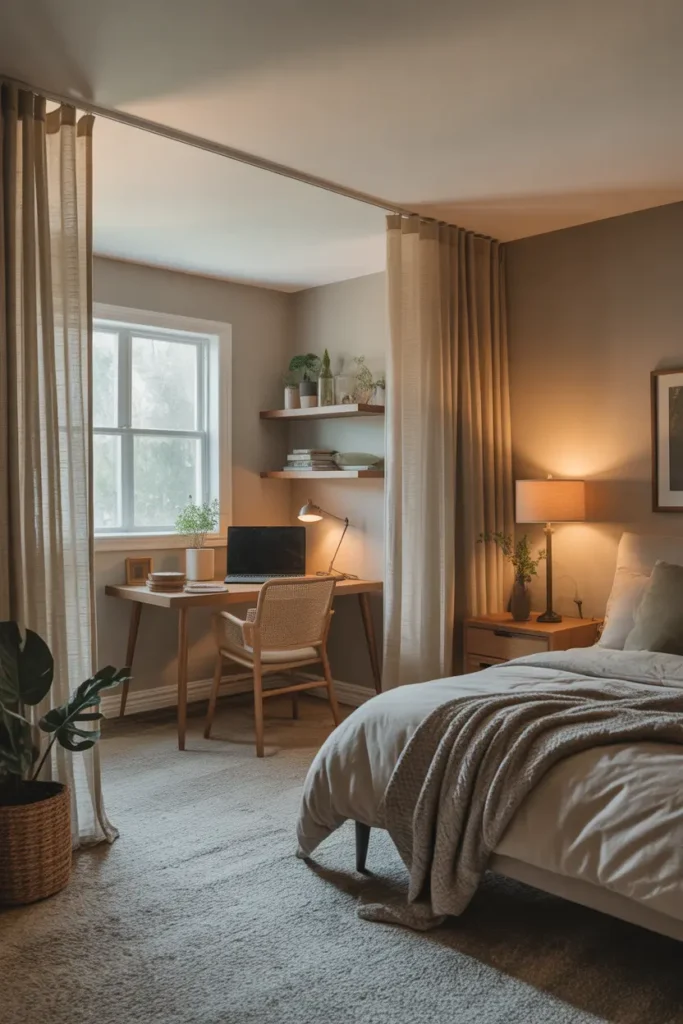 Curtains dividing a basement bedroom from a small home office area.