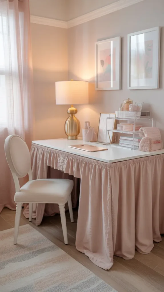 Cute teen bedroom with a white desk covered in a soft blush skirted fabric, gold lamp, acrylic organizers, pastel wall art, cream chair, warm daylight, light wood floors, tidy feminine styling, photographed from a slight side angle to show the hidden storage and soft table texture.