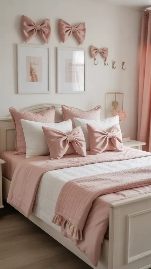 Cute teen bedroom with bow decor accents on pillows, wall hooks, bedding, and framed art, blush pink and white color palette, soft natural light, gold details, feminine textures, tidy furniture layout, light wood flooring, sweet polished aesthetic, photographed from a bright front angle for crisp visual detail.
