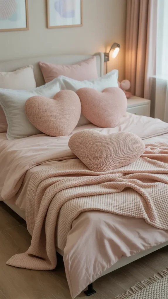 Cute teen bedroom with heart-shaped throw pillows on a white bed, blush and cream bedding, soft knit blanket, warm natural light, pastel wall art, light wood flooring, cozy feminine decor, tidy layout, photographed from a slightly elevated front angle to emphasize the playful bedding details.