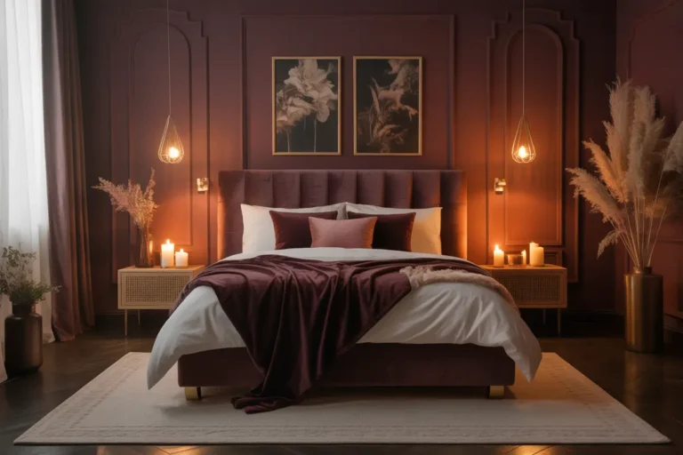 A dark moody bedroom for couples with deep burgundy walls, velvet bedding, and warm candlelight. Cozy, intimate, and luxurious space perfect for romance, relaxation, and stylish comfort.