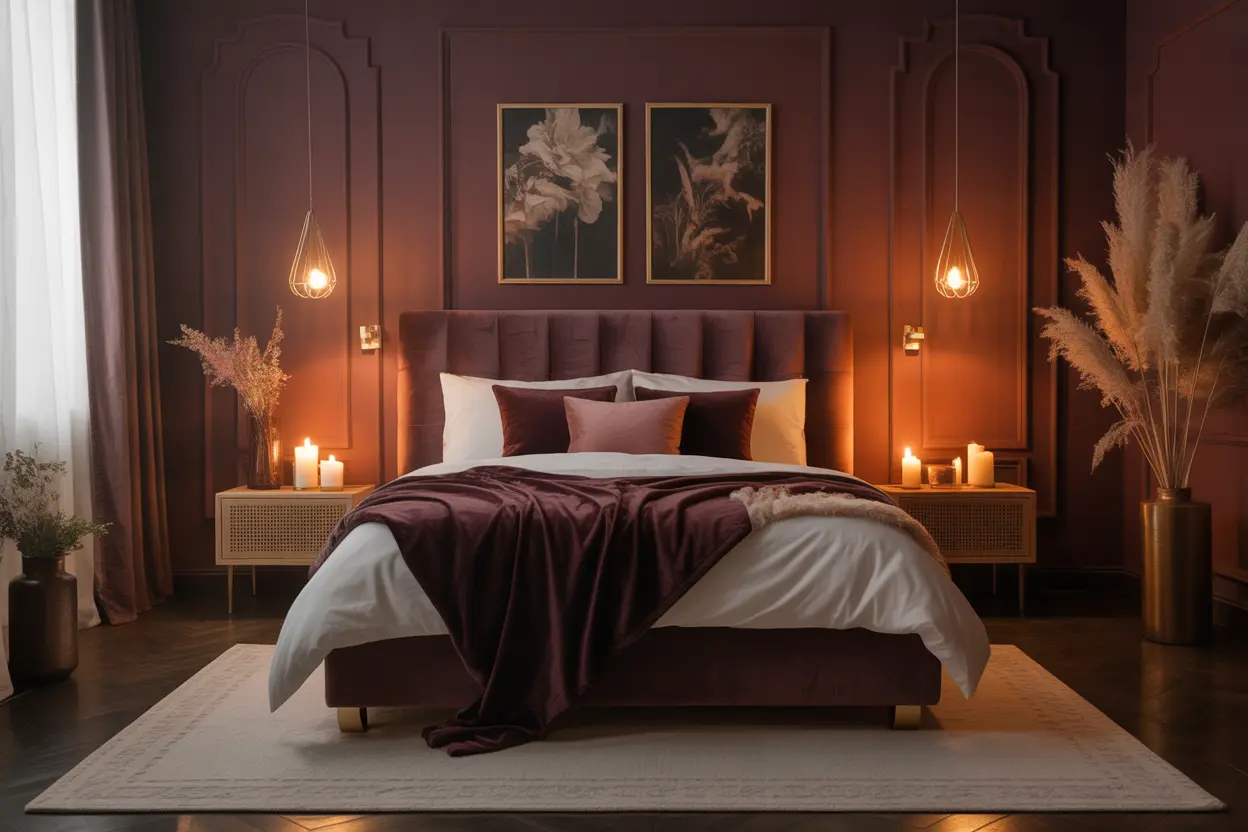 A dark moody bedroom for couples with deep burgundy walls, velvet bedding, and warm candlelight. Cozy, intimate, and luxurious space perfect for romance, relaxation, and stylish comfort.