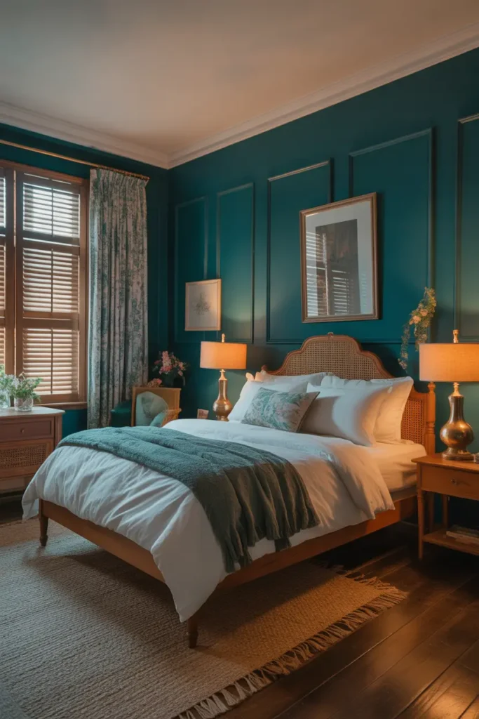 Dark teal walls combined with warm wooden furniture enhance the romantic, cozy feel in a couple’s bedroom.