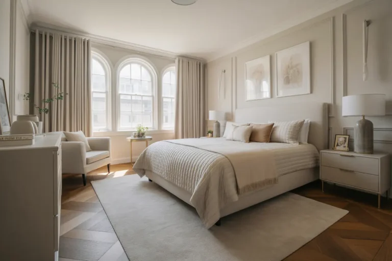 Elegant master bedroom with neutral colors, plush bedding, and stylish furniture creating a dreamy, relaxing retreat