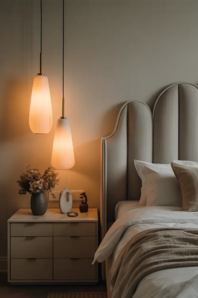 Elegant pendant lighting fixtures hanging above the nightstands, creating a chic and sophisticated ambiance in the bedroom.