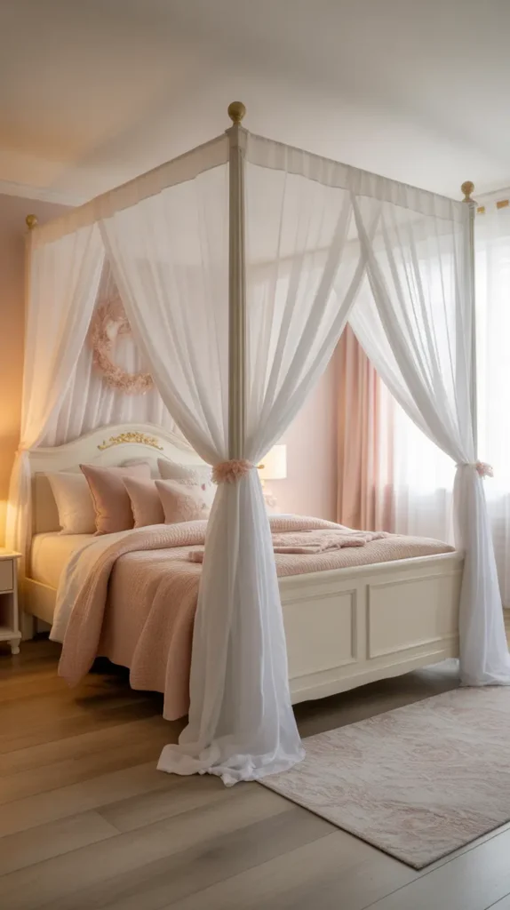 Elegant teen bedroom with a white canopy bed draped in sheer curtains, blush bedding, soft cream walls, gold details, warm natural light, light wood floors, layered pillows, delicate wall decor, airy feminine styling, photographed from a side angle showing the bed as the room’s focal point.
