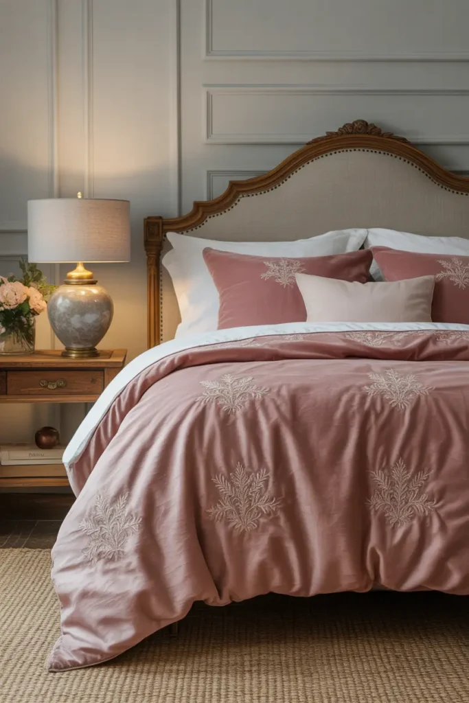 Embroidered linen or velvet bedding in muted or jewel tones adds sophistication.