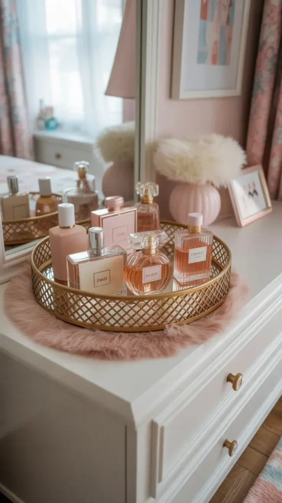  Feminine teen bedroom dresser with a chic perfume tray display, blush and cream perfume bottles, gold tray, pearl accents, soft natural light, white dresser, pastel wall art, fluffy rug, elegant girly decor, light wood flooring, photographed from a close angled view to highlight curated styling.
