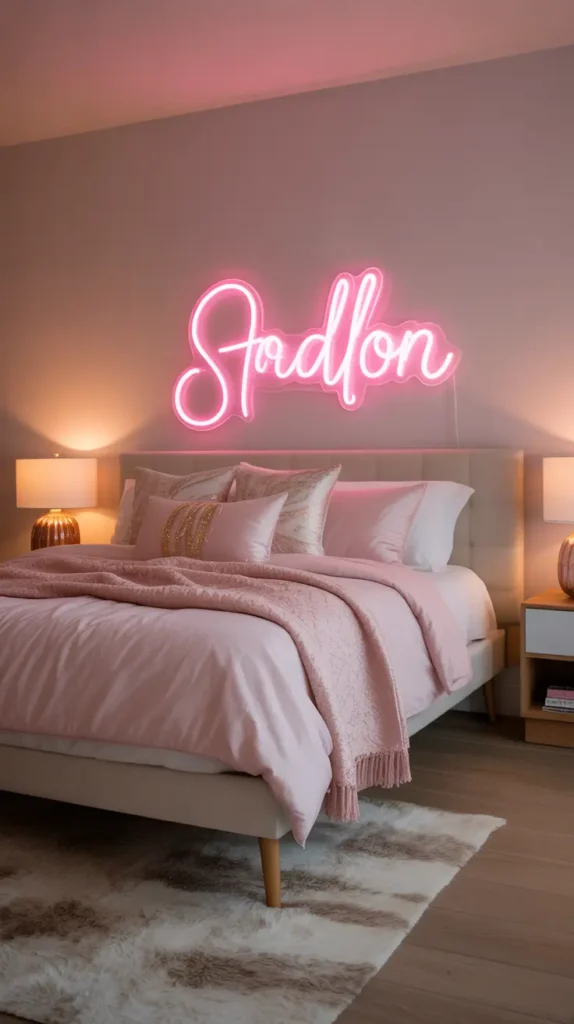 : Feminine teen bedroom with a custom pink neon name sign above a white bed, blush bedding, warm ambient glow, soft cream walls, fluffy rug, gold accents, layered pillows, light wood flooring, modern girly decor, photographed from a centered evening angle to highlight the glowing personalized focal point.