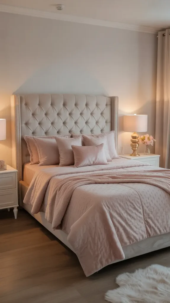 Feminine teen bedroom with a plush tufted headboard in cream velvet, blush bedding, layered pillows, gold bedside lamp, soft white walls, fluffy rug, warm ambient lighting, elegant decor accents, light wood floor, photographed from a centered bed-facing angle to emphasize texture and symmetry.