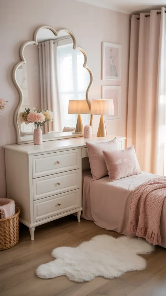 Feminine teen bedroom with a scalloped mirror frame above a white dresser, blush and cream decor palette, soft natural daylight, gold lamp, fluffy rug, pastel wall art, light oak flooring, elegant playful styling, photographed from a side-front angle to highlight the curved mirror detail.