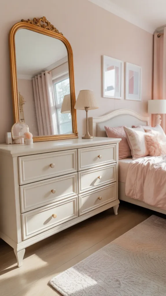 Feminine teen bedroom with gold-framed mirror above a white dresser, blush decor accents, soft cream walls, warm natural daylight, fluffy rug, elegant lamp, pastel artwork, light oak flooring, clean chic styling, photographed from a side-front angle to highlight reflective light and metallic detail.