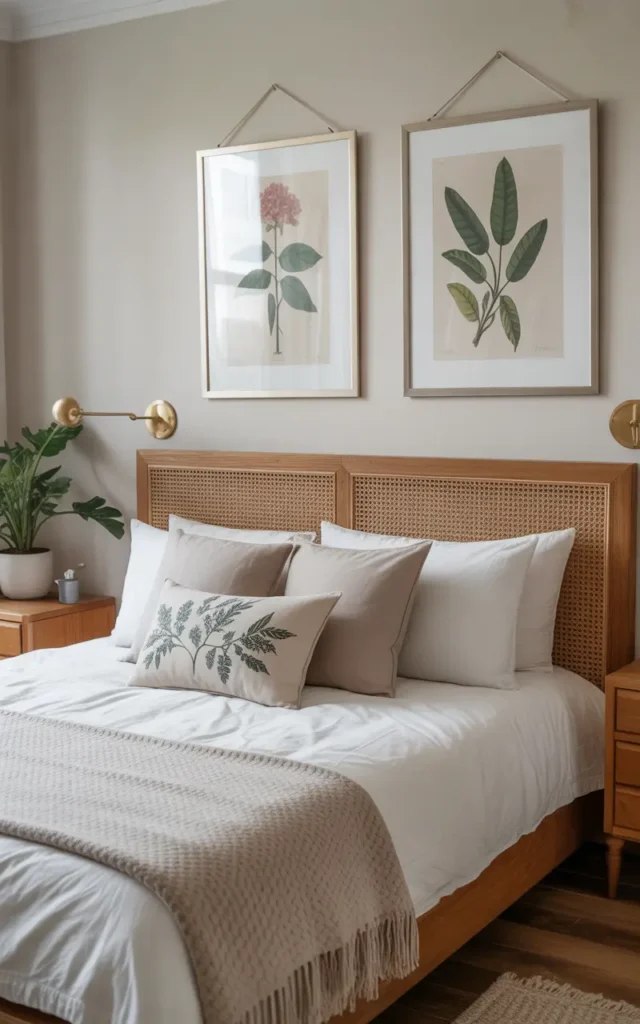Framed botanical prints hung above the bed or on the walls.